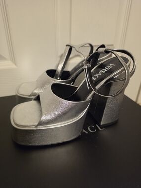 Versace Metallic Silver Platform Block-Heel Sandals 37